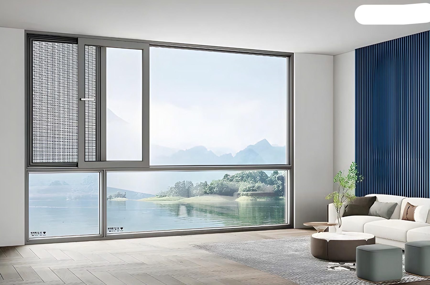 Aluminum system window with an integrated insect screen overlooking a lake — Vanora YFG90